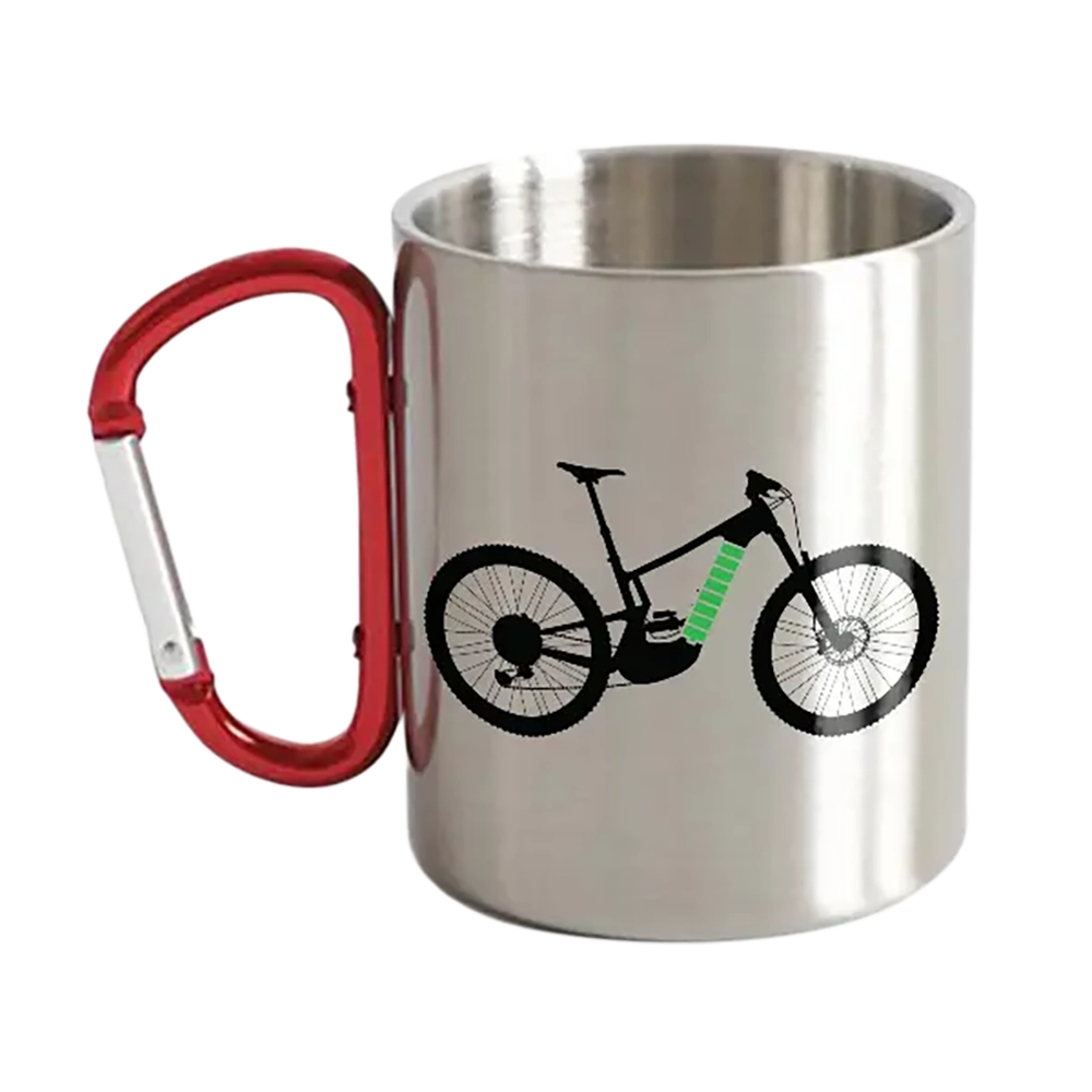 E Bike Carabiner Mug 12oz with UV printed design, showcasing its sturdy ceramic and stainless steel double wall construction.