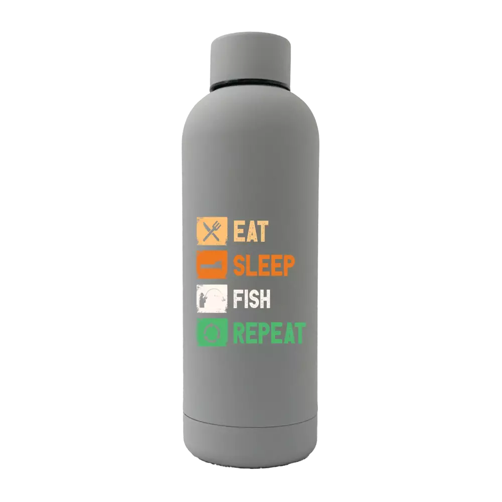 Eat Sleep Fishing Repeat 17oz stainless steel water bottle with rubberized coating, featuring a leakproof cap and vibrant UV printed design.