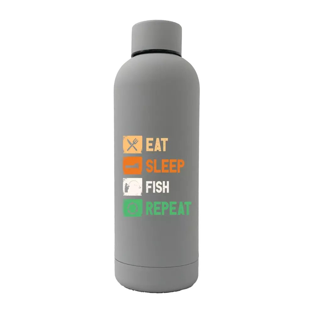 Eat Sleep Fishing Repeat 17oz stainless steel water bottle with rubberized coating, featuring a leakproof cap and vibrant UV printed design.