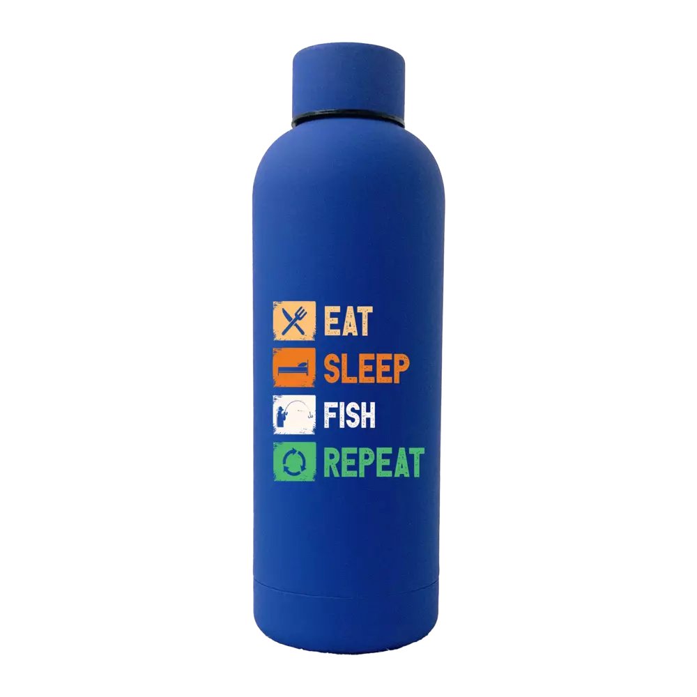 Eat Sleep Fishing Repeat 17oz stainless steel water bottle with rubberized coating, featuring a leakproof cap and vibrant UV printed design.