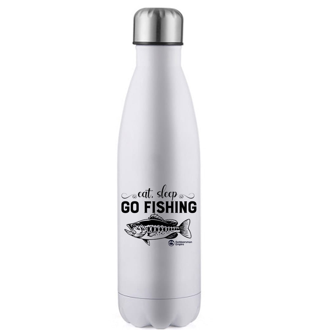 Eat Sleep Go Fishing 17oz Stainless Water Bottle with UV printed fishing design, showcasing its durable stainless steel construction and leakproof cap.