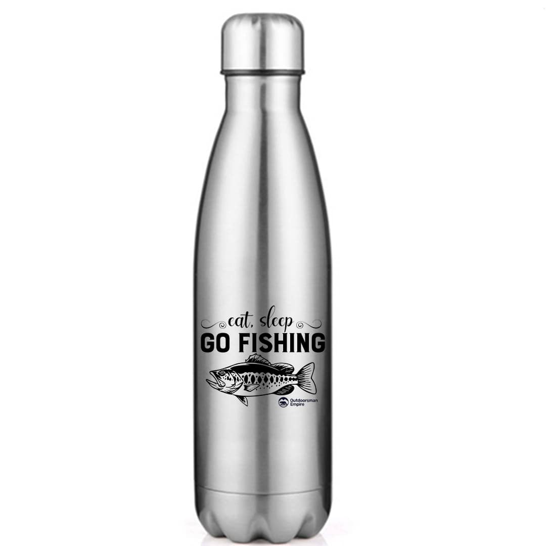 Eat Sleep Go Fishing 17oz Stainless Water Bottle with UV printed fishing design, showcasing its durable stainless steel construction and leakproof cap.