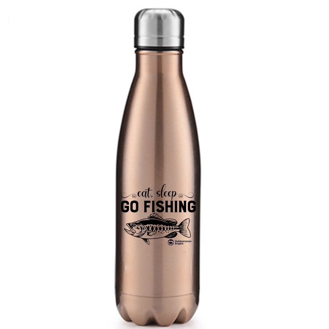 Eat Sleep Go Fishing 17oz Stainless Water Bottle with UV printed fishing design, showcasing its durable stainless steel construction and leakproof cap.