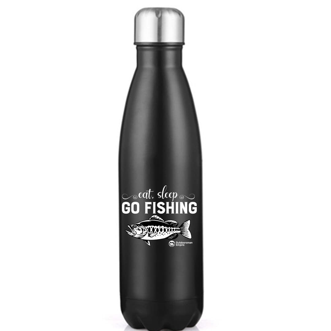 Eat Sleep Go Fishing 17oz Stainless Water Bottle with UV printed fishing design, showcasing its durable stainless steel construction and leakproof cap.