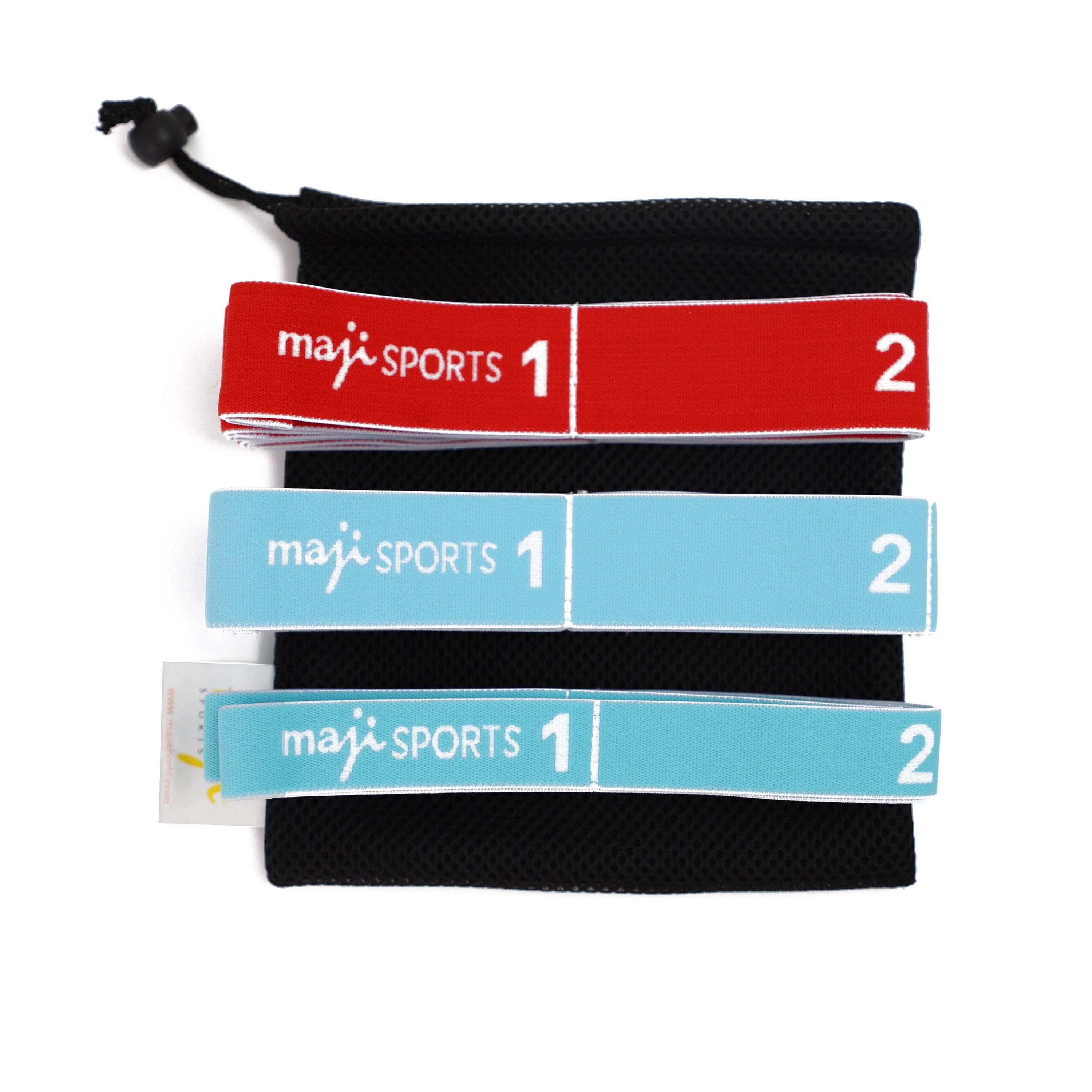 Set of three elastic yoga straps in different colors, designed for flexibility and stability during yoga and Pilates exercises.