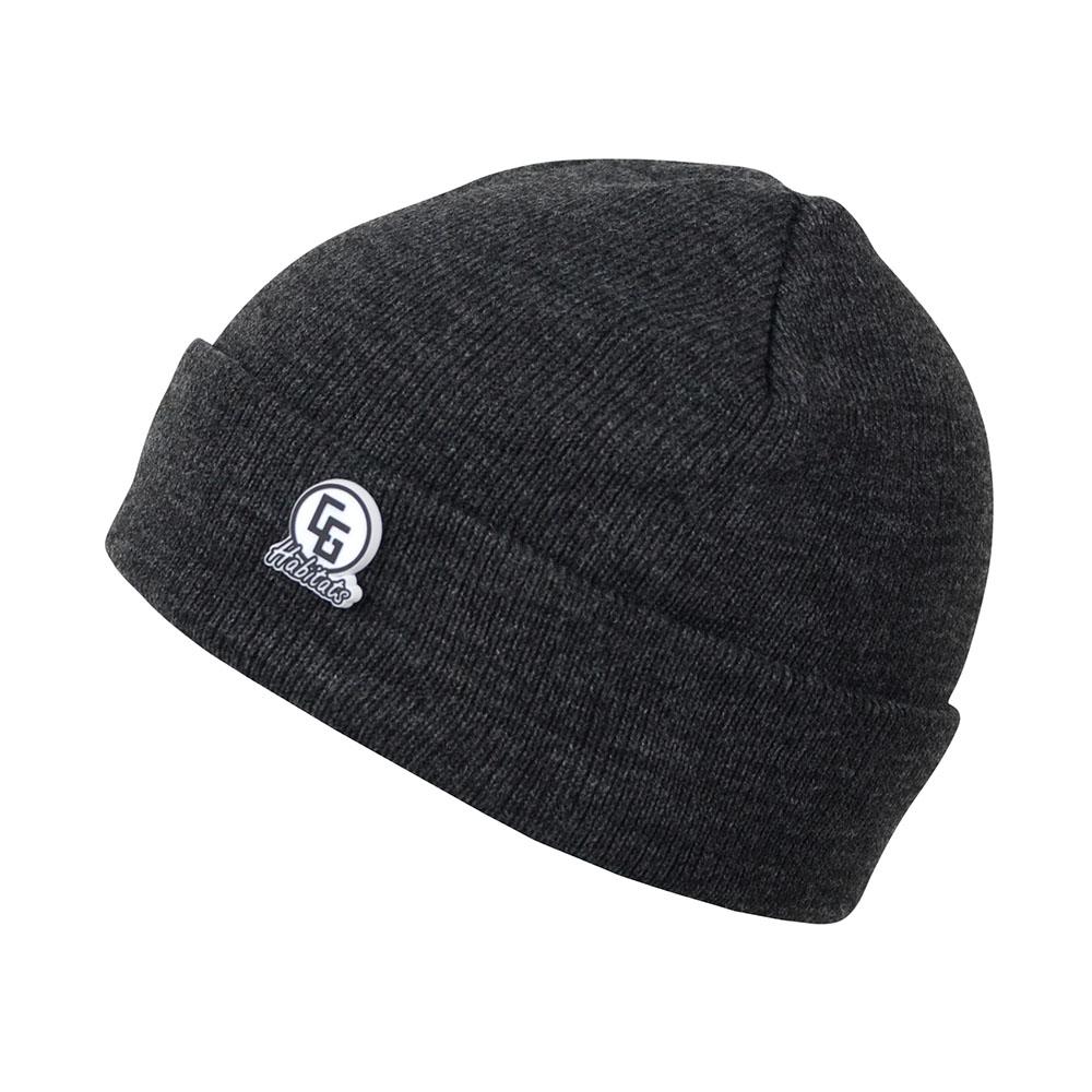 Embassy Beanie in various colors with a logo leather patch and cuffed design, showcasing its double-layer and ribbed texture.