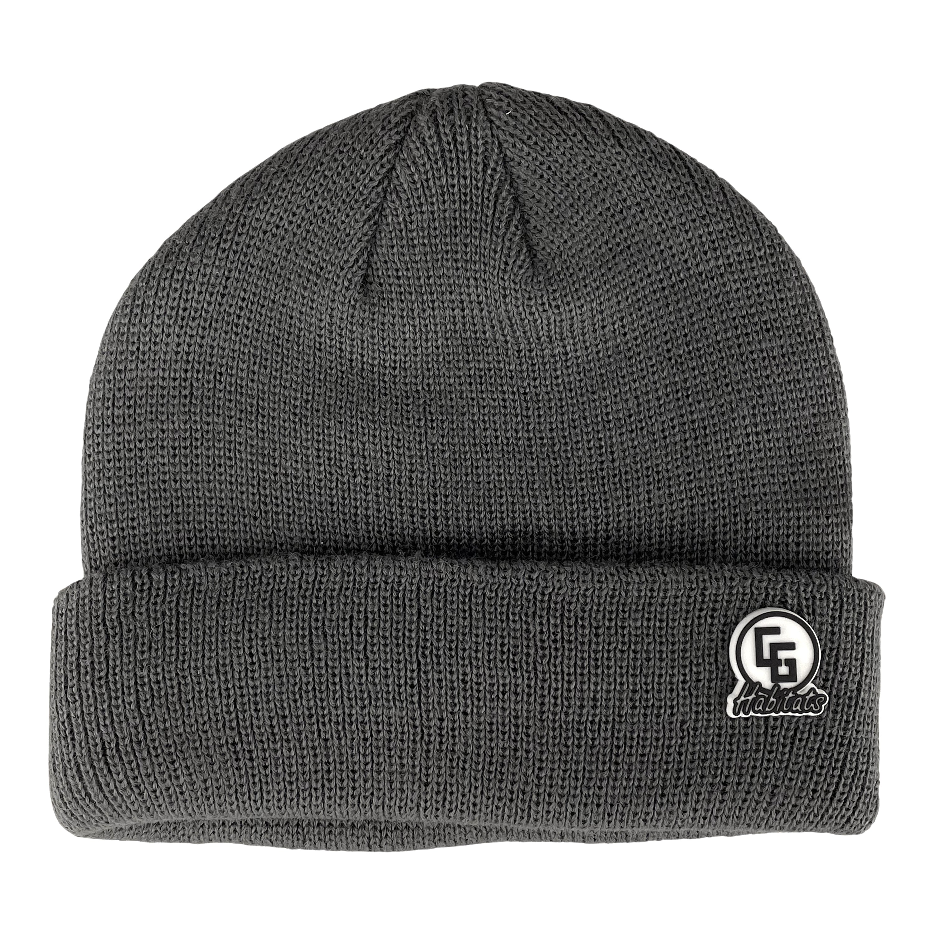 Embassy Beanie in various colors with a logo leather patch and cuffed design, showcasing its double-layer and ribbed texture.