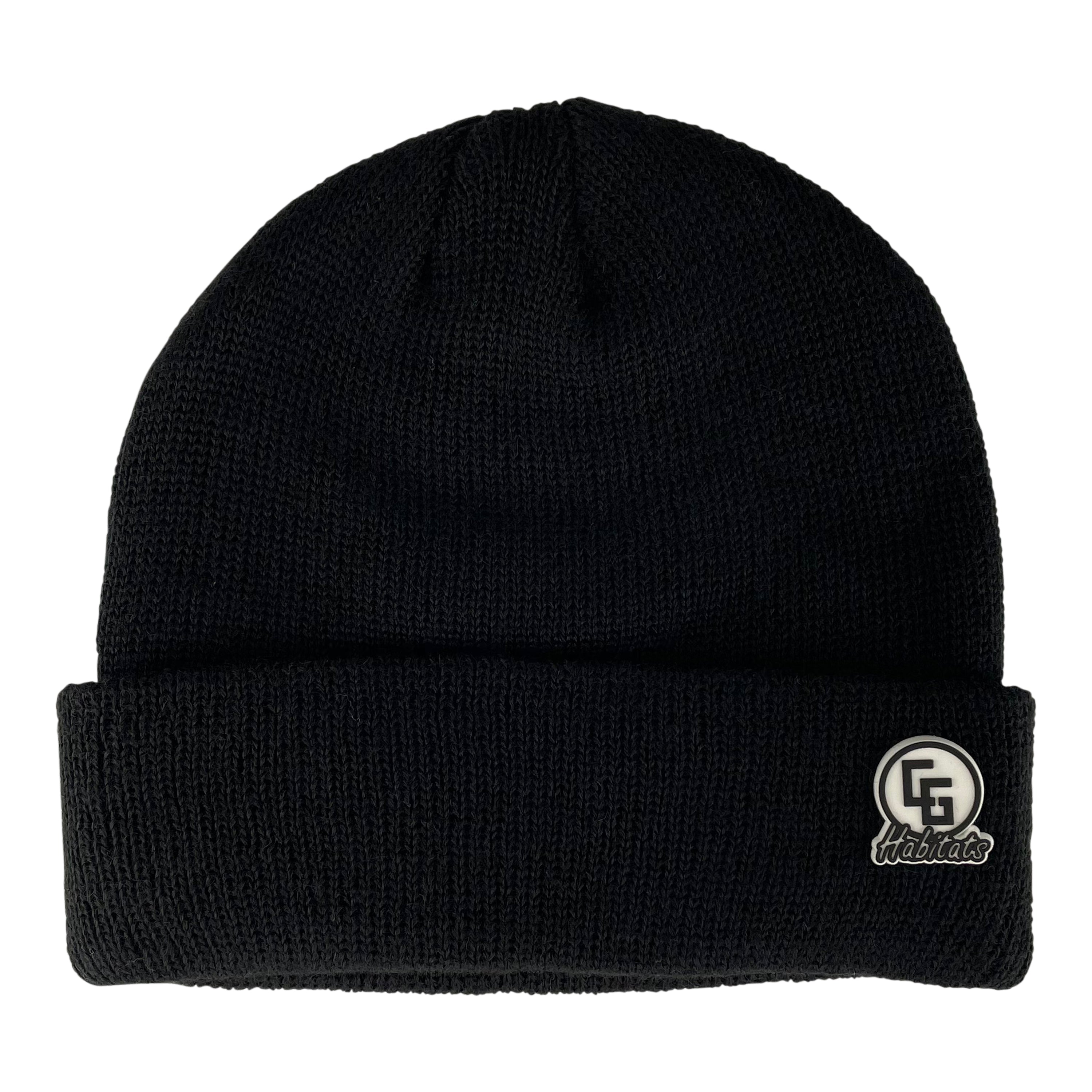 Embassy Beanie in various colors with a logo leather patch and cuffed design, showcasing its double-layer and ribbed texture.