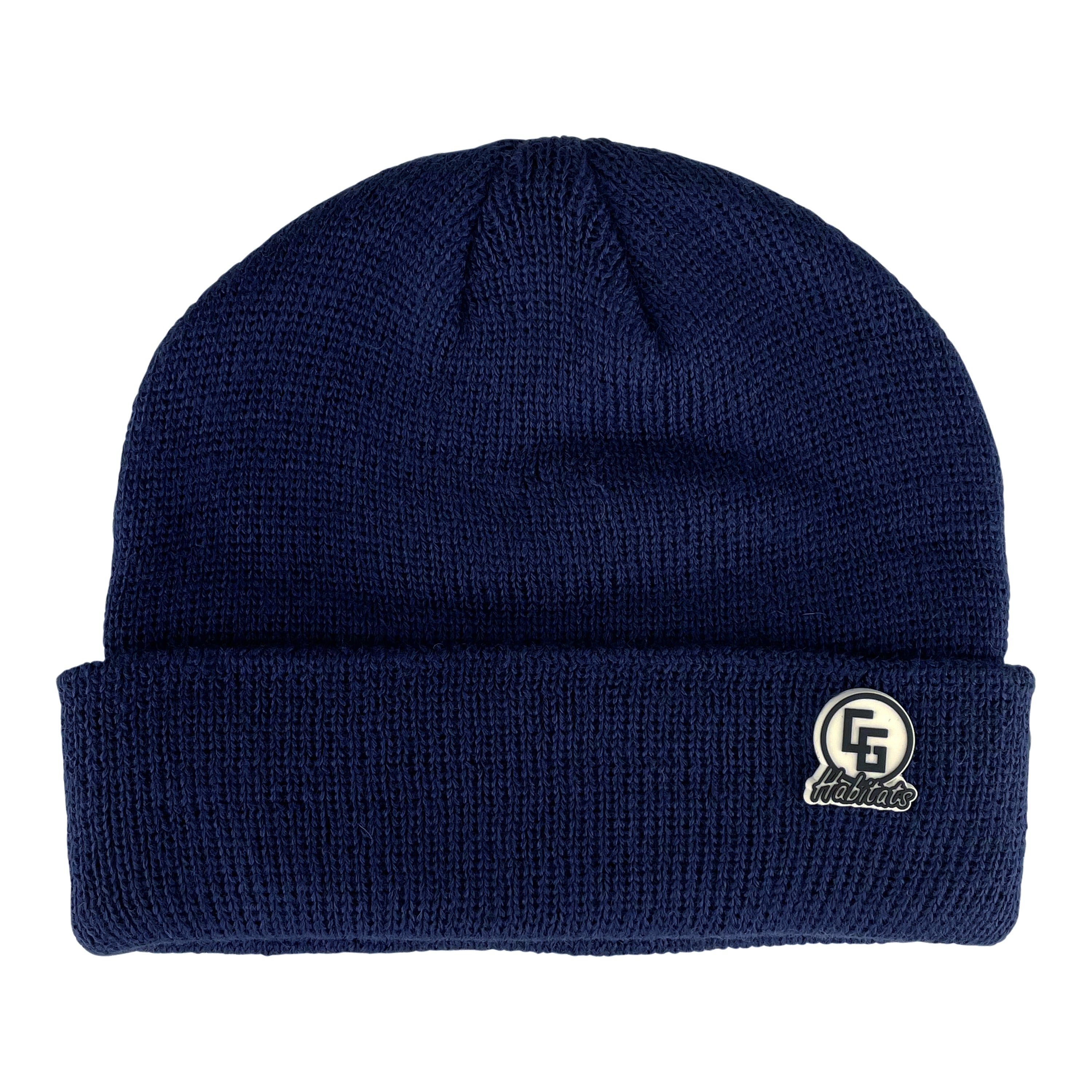 Embassy Beanie in various colors with a logo leather patch and cuffed design, showcasing its double-layer and ribbed texture.