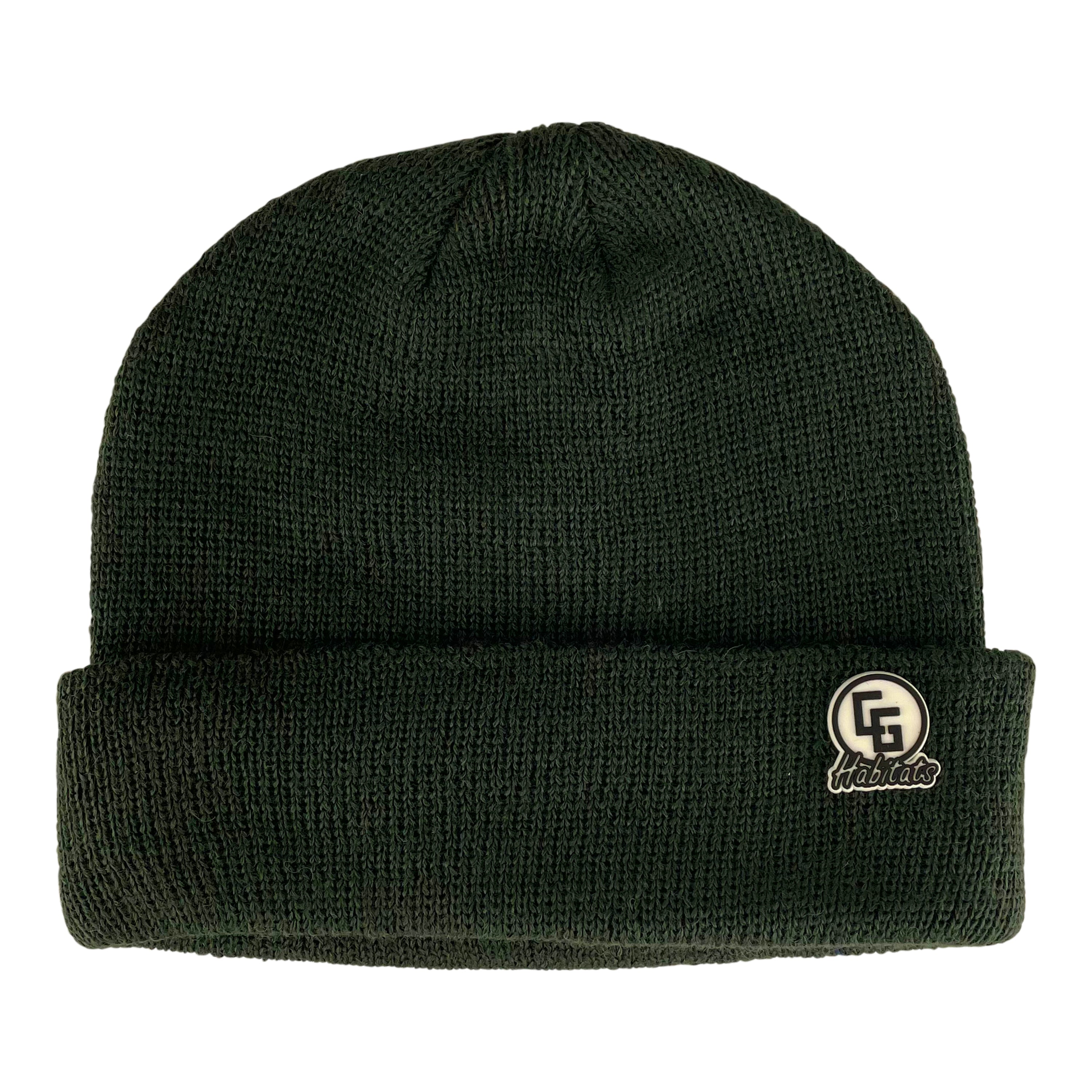 Embassy Beanie in various colors with a logo leather patch and cuffed design, showcasing its double-layer and ribbed texture.