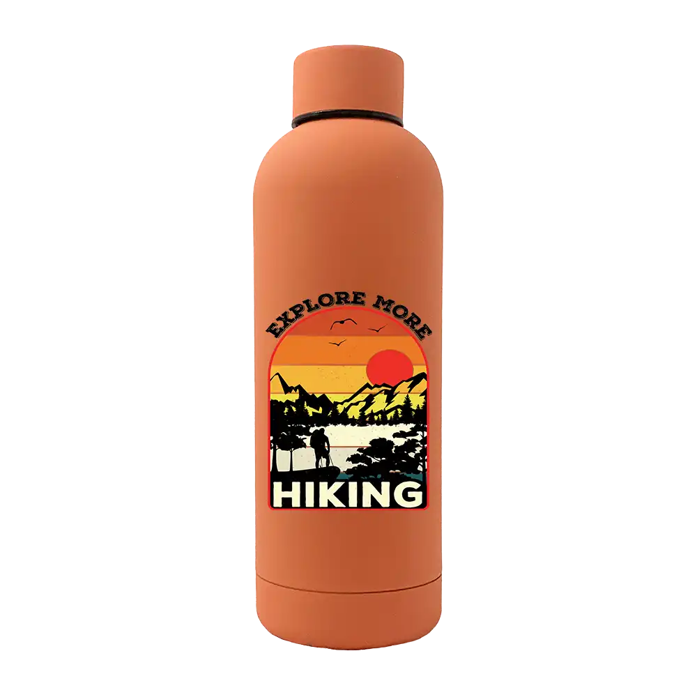 Explore More Hiking 17oz Stainless Rubberized Water Bottle with a sleek design and leakproof cap, perfect for outdoor activities.