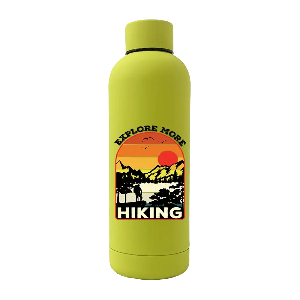 Explore More Hiking 17oz Stainless Rubberized Water Bottle with a sleek design and leakproof cap, perfect for outdoor activities.