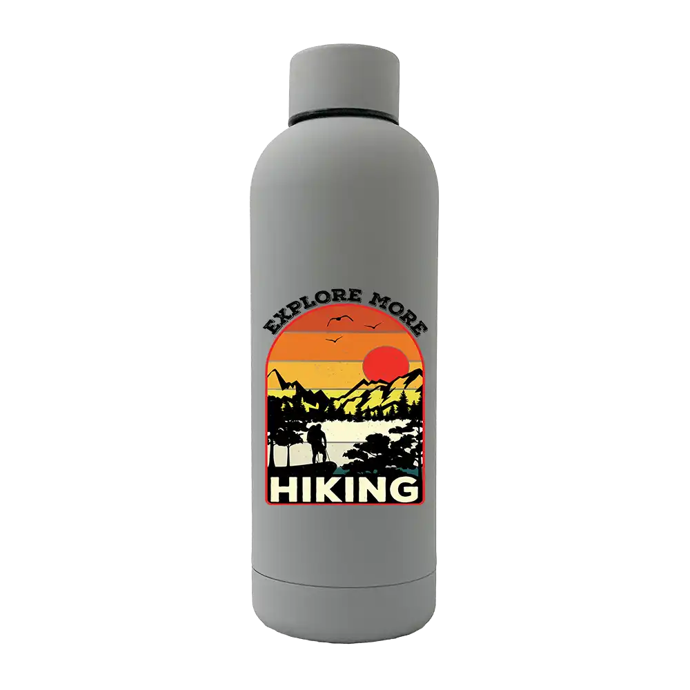 Explore More Hiking 17oz Stainless Rubberized Water Bottle with a sleek design and leakproof cap, perfect for outdoor activities.