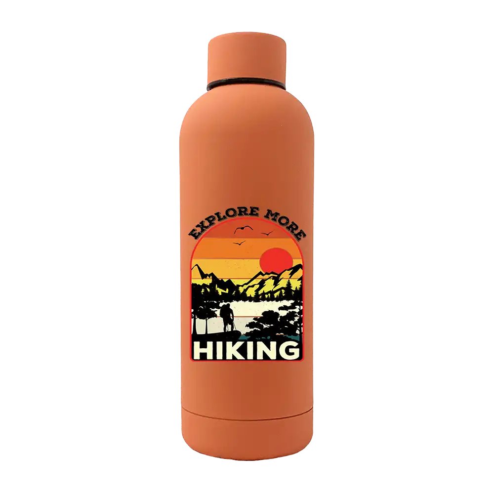 Explore More Hiking 17oz Stainless Rubberized Water Bottle with a sleek design and leakproof cap, perfect for outdoor activities.