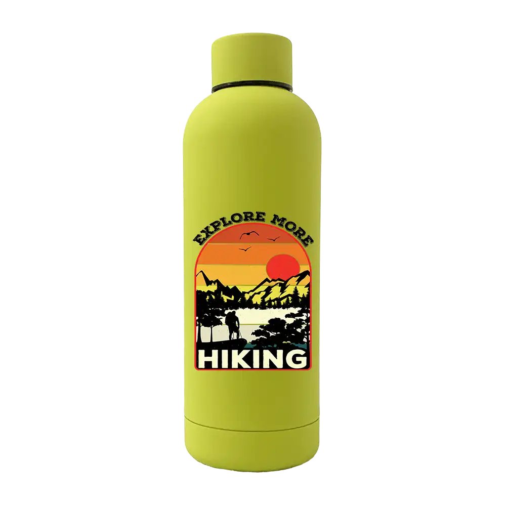 Explore More Hiking 17oz Stainless Rubberized Water Bottle with a sleek design and leakproof cap, perfect for outdoor activities.