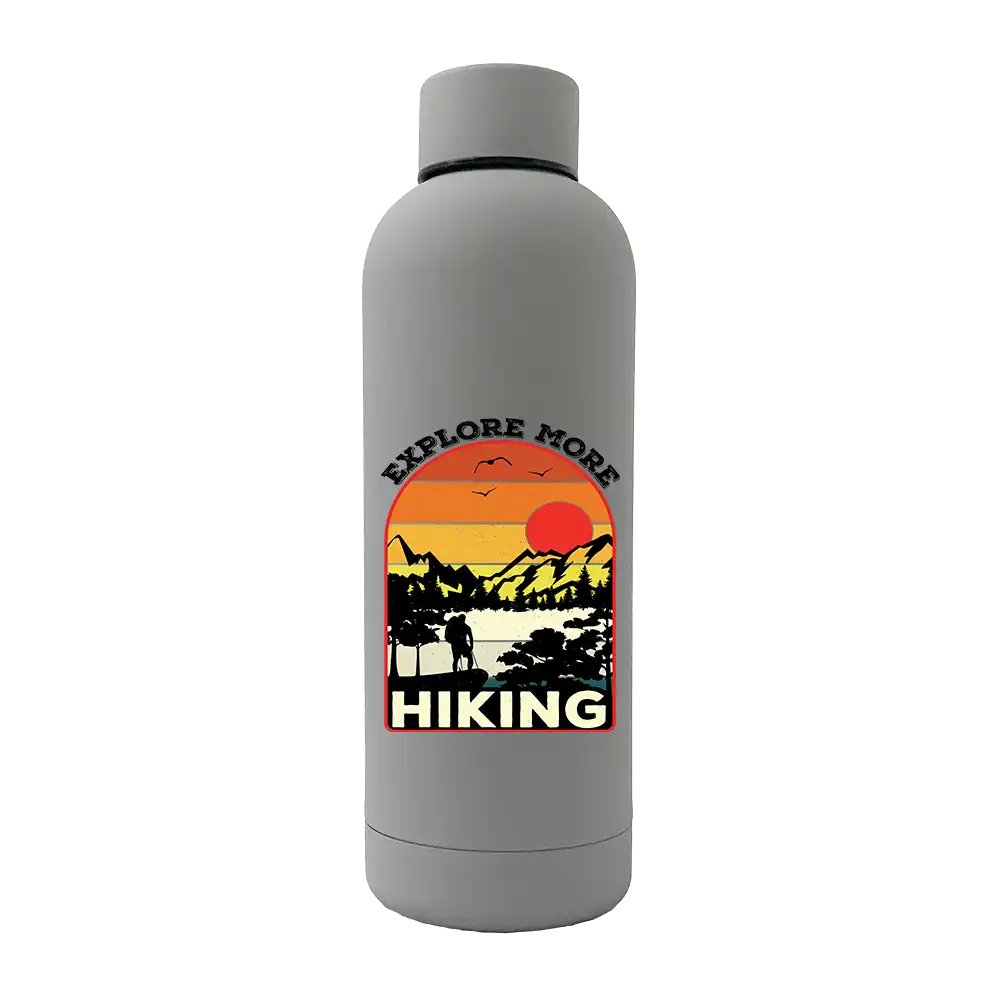 Explore More Hiking 17oz Stainless Rubberized Water Bottle with a sleek design and leakproof cap, perfect for outdoor activities.