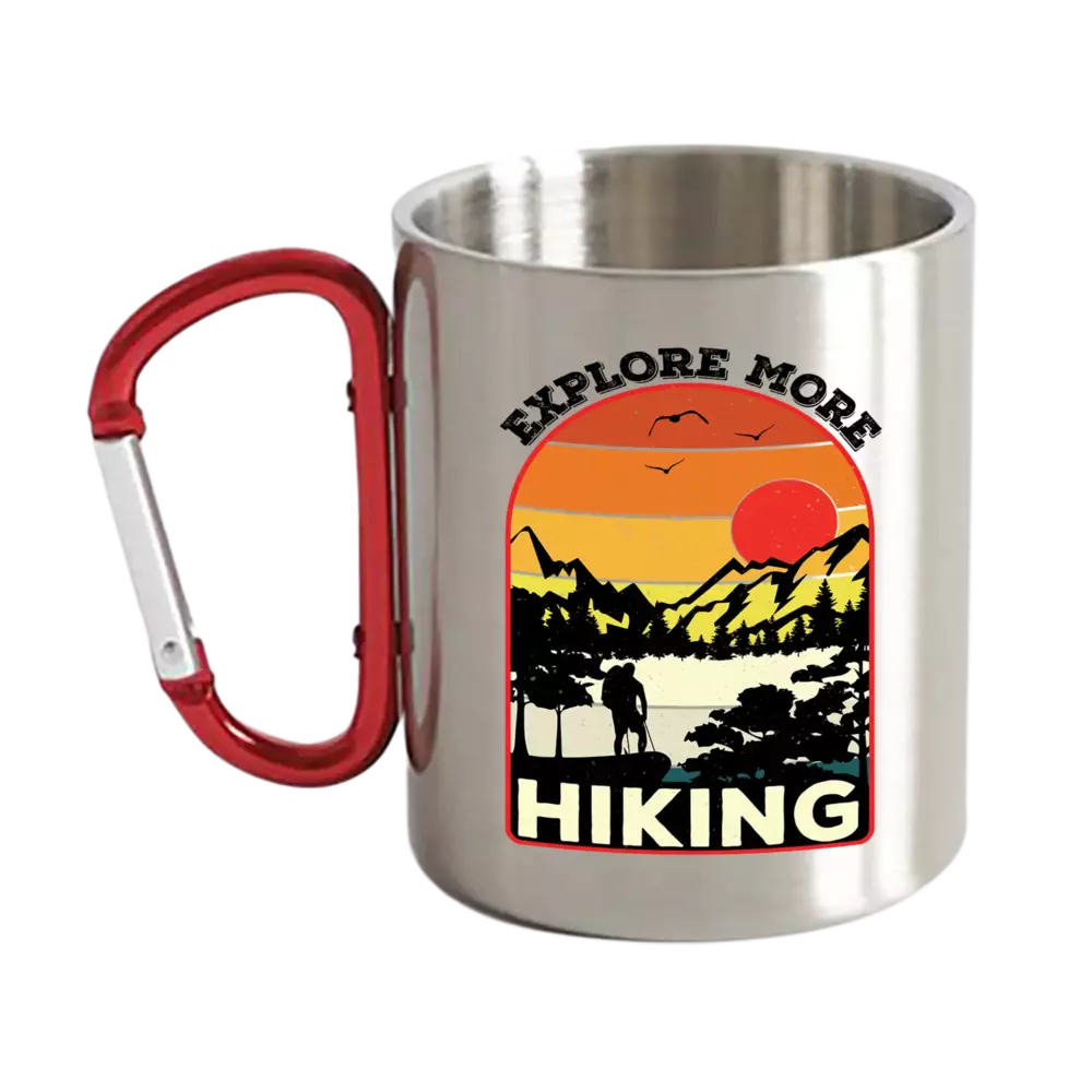 Explore More Hiking Carabiner Mug 12oz with stainless steel finish and UV printed design, perfect for outdoor adventures.