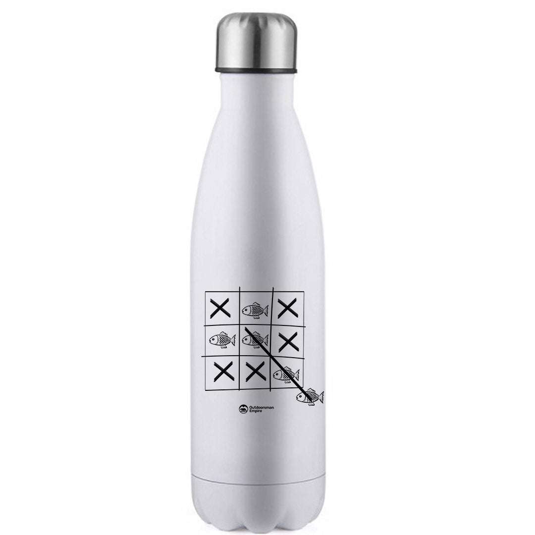 Fish Tick Tack Toe 17oz Stainless Water Bottle with vibrant UV printed design, showcasing its sleek stainless steel finish and leakproof cap.