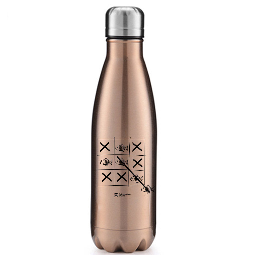 Fish Tick Tack Toe 17oz Stainless Water Bottle with vibrant UV printed design, showcasing its sleek stainless steel finish and leakproof cap.