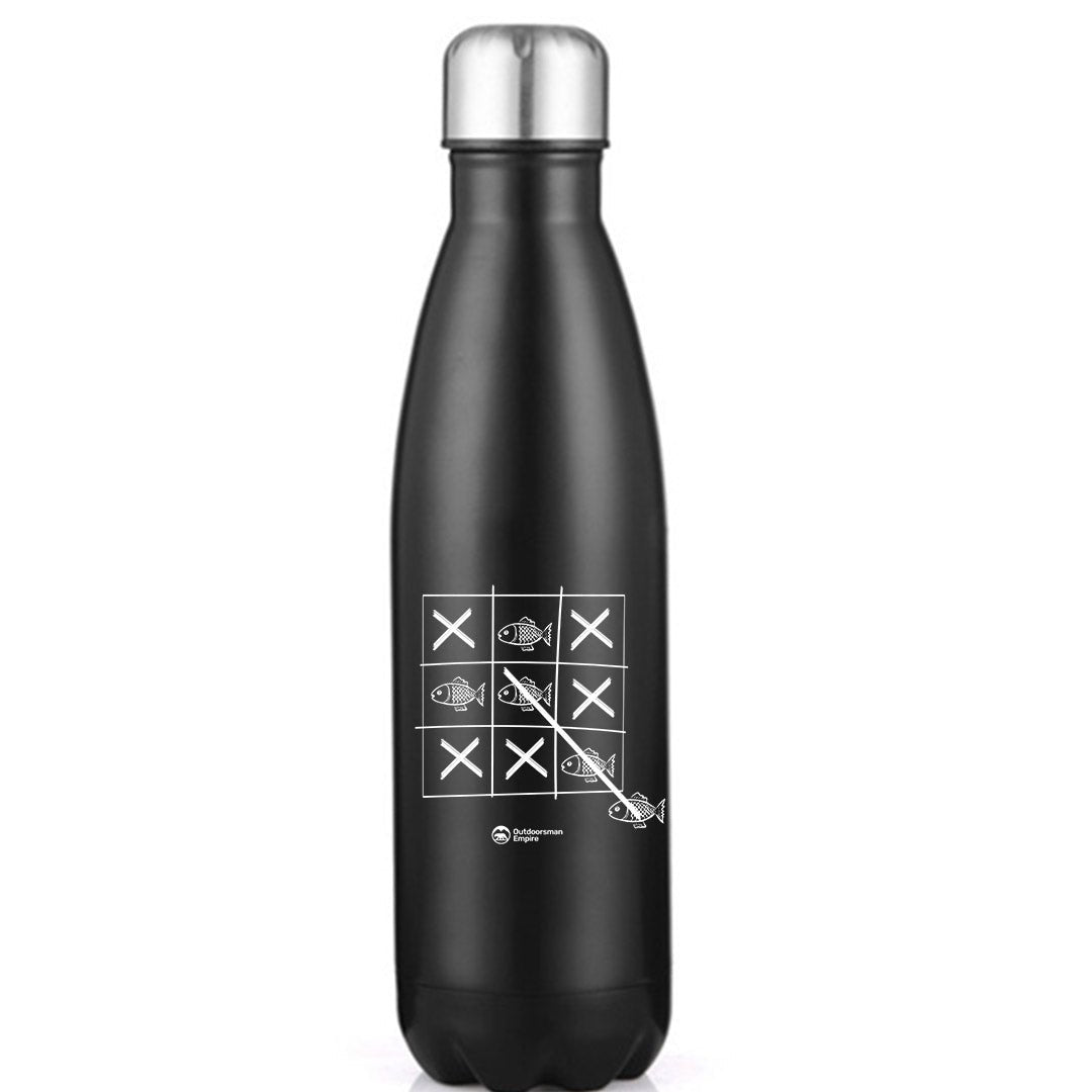 Fish Tick Tack Toe 17oz Stainless Water Bottle with vibrant UV printed design, showcasing its sleek stainless steel finish and leakproof cap.