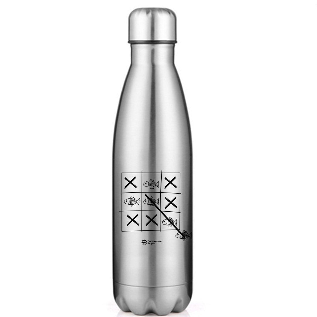 Fish Tick Tack Toe 17oz Stainless Water Bottle with vibrant UV printed design, showcasing its sleek stainless steel finish and leakproof cap.