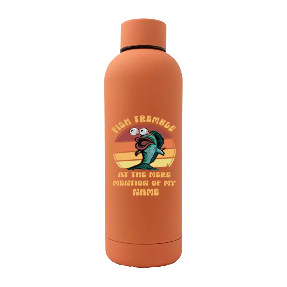 Fish Tremble 17oz stainless steel water bottle with rubberized coating, featuring a leakproof cap and UV printed design.