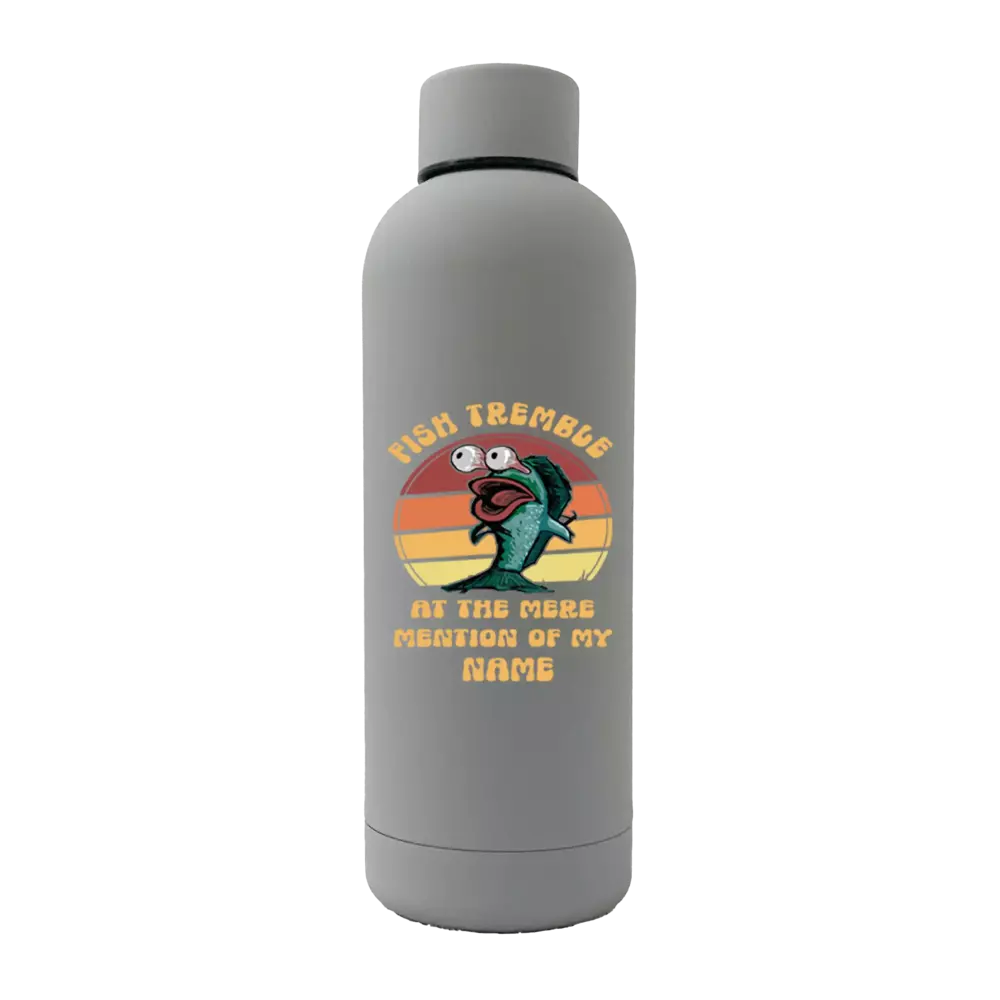 Fish Tremble 17oz stainless steel water bottle with rubberized coating, featuring a leakproof cap and UV printed design.