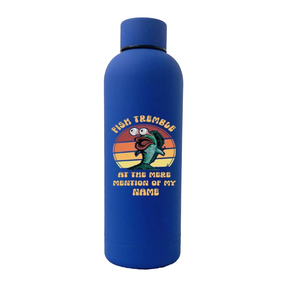 Fish Tremble 17oz stainless steel water bottle with rubberized coating, featuring a leakproof cap and UV printed design.