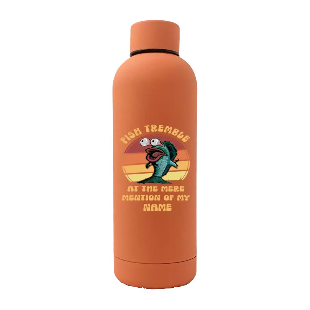 Fish Tremble 17oz stainless steel water bottle with rubberized coating, featuring a leakproof cap and UV printed design.