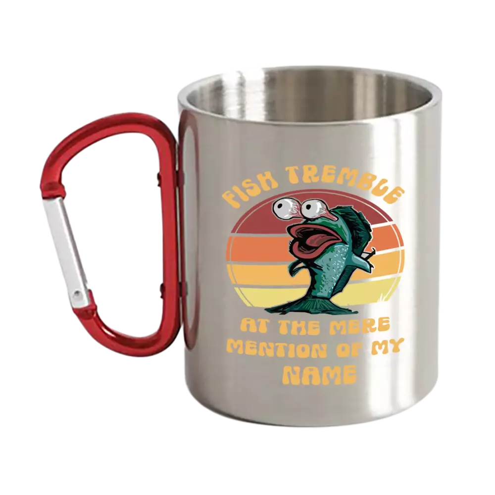 Fish Tremble Carabiner Mug 12oz with UV printed design, showcasing its durable ceramic and stainless steel double wall construction.