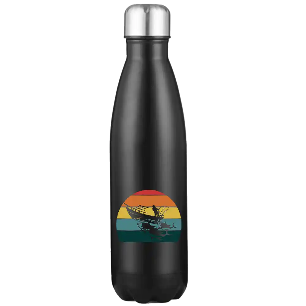 Fishing Boat 17oz Stainless Steel Water Bottle with vibrant UV printed design, showcasing its double-walled insulation and leakproof cap.