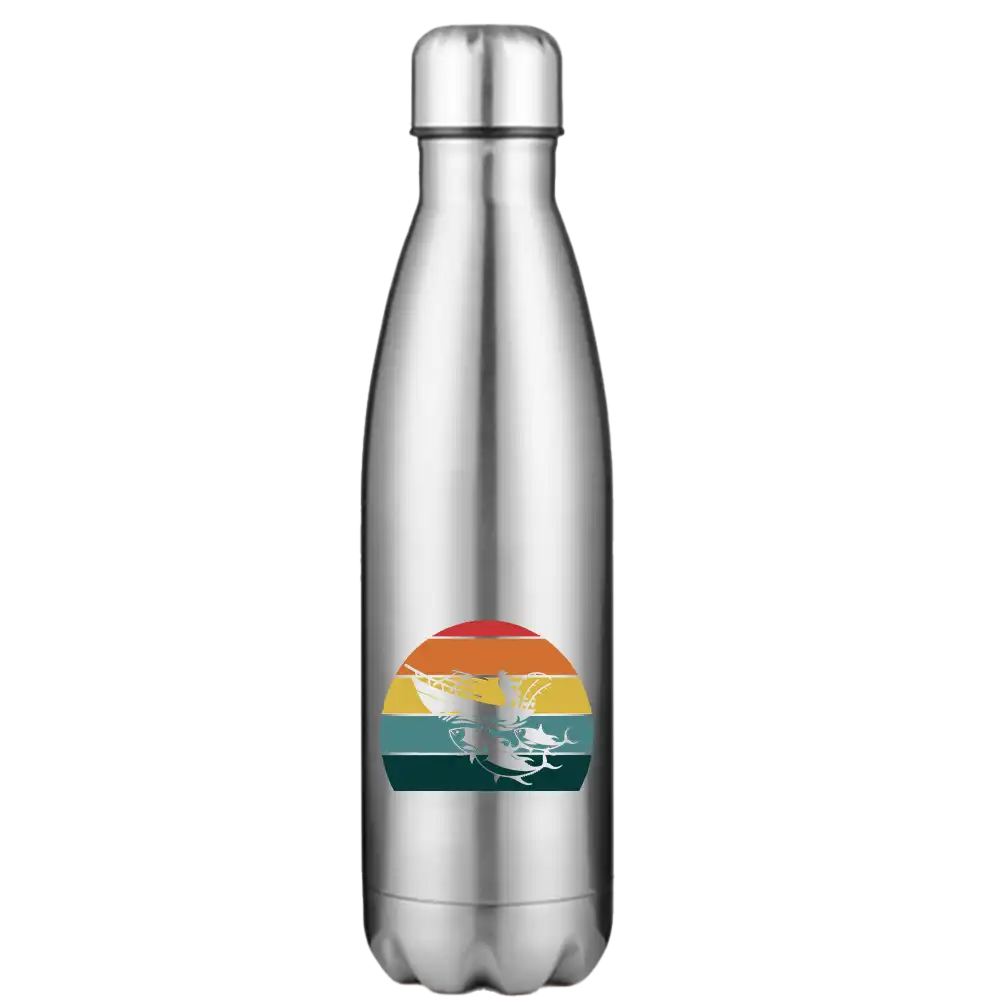 Fishing Boat 17oz Stainless Steel Water Bottle with vibrant UV printed design, showcasing its double-walled insulation and leakproof cap.