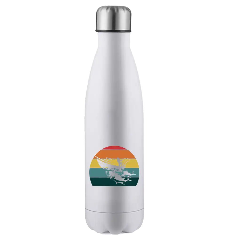 Fishing Boat 17oz Stainless Steel Water Bottle with vibrant UV printed design, showcasing its double-walled insulation and leakproof cap.