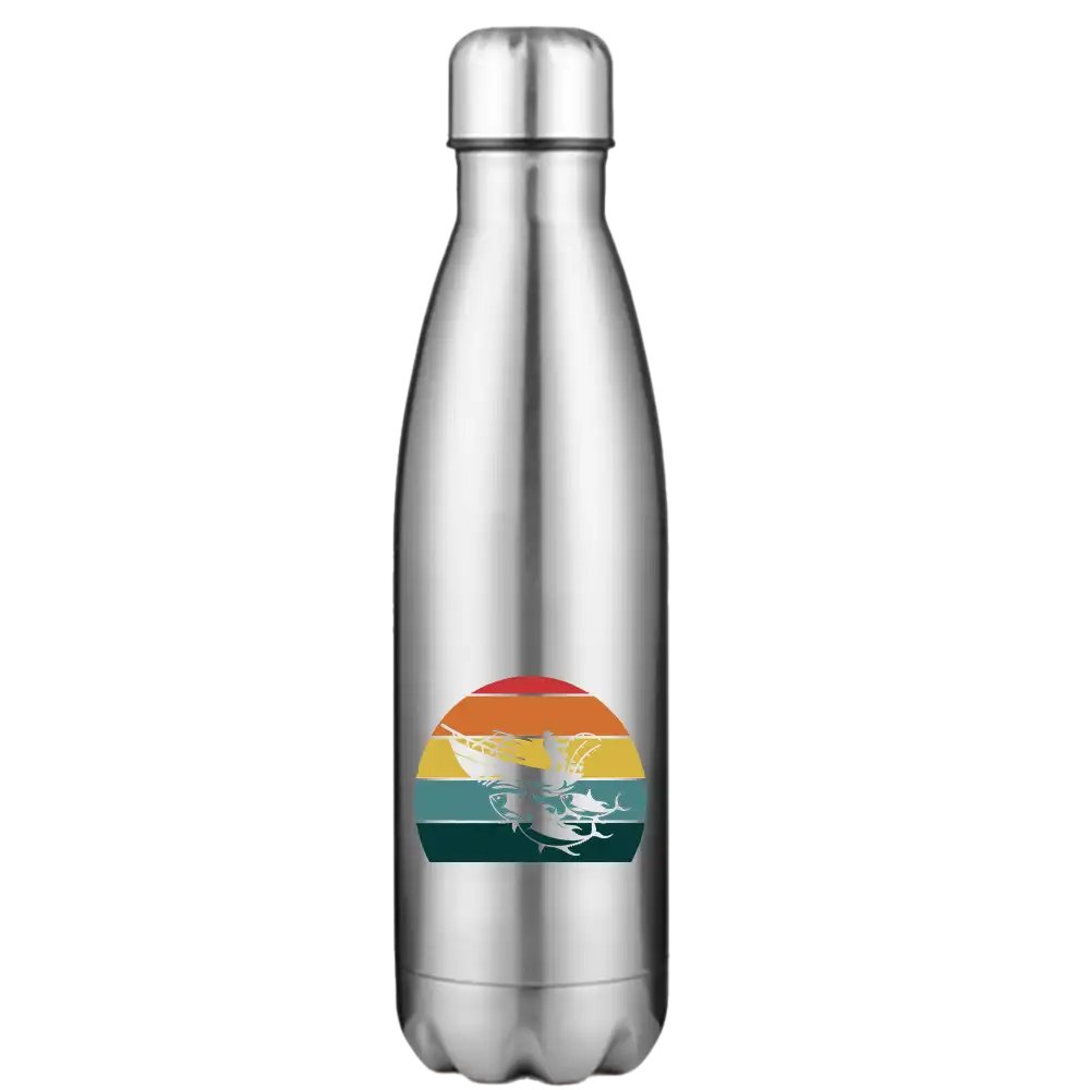 Fishing Boat 17oz Stainless Steel Water Bottle with vibrant UV printed design, showcasing its double-walled insulation and leakproof cap.