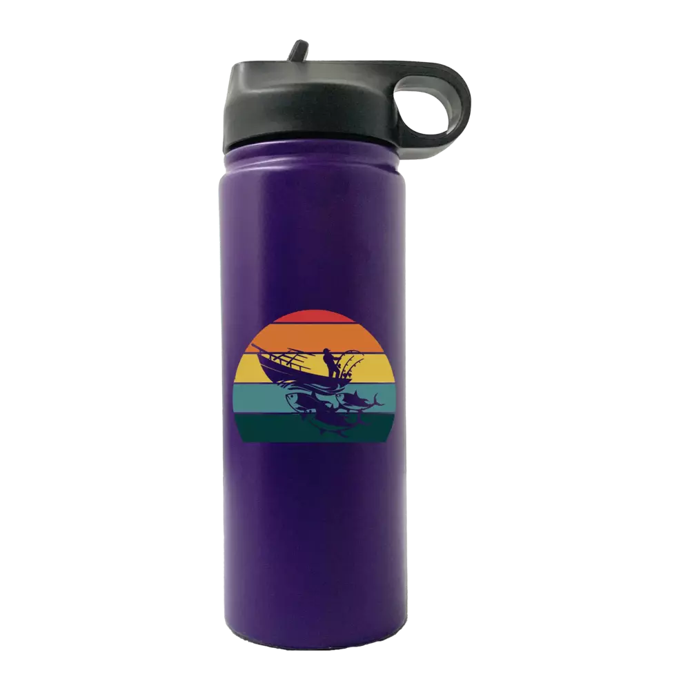 Fishing Boat 20oz Sport Bottle with a built-in handle and snap lid, featuring vibrant UV-printed designs.