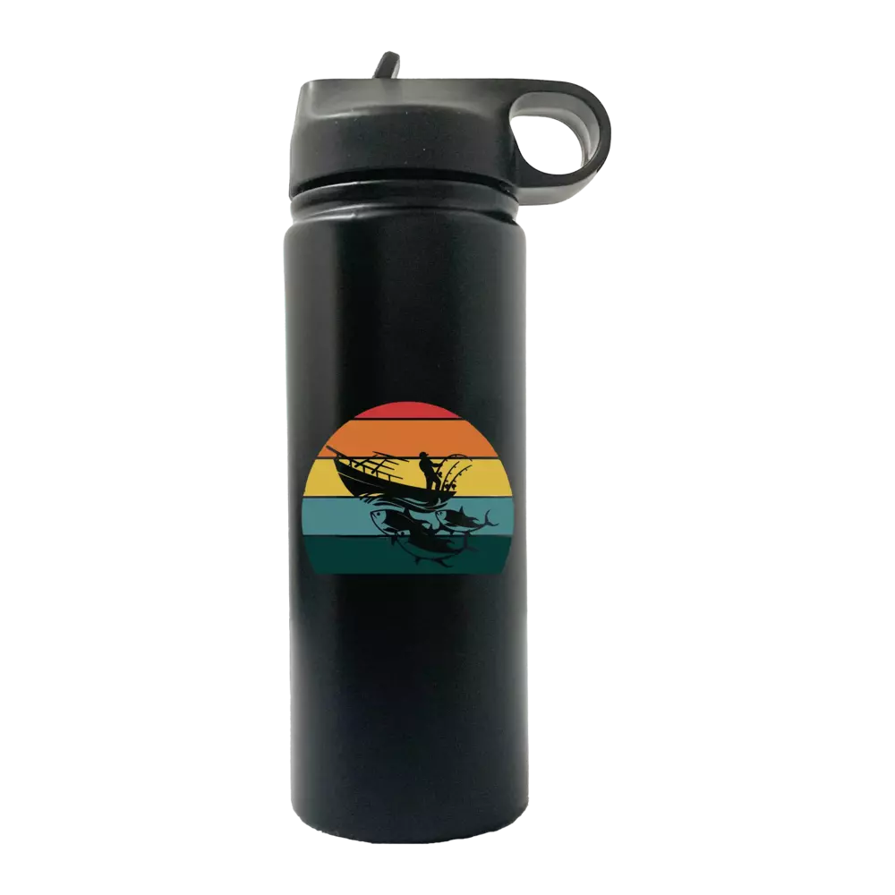 Fishing Boat 20oz Sport Bottle with a built-in handle and snap lid, featuring vibrant UV-printed designs.