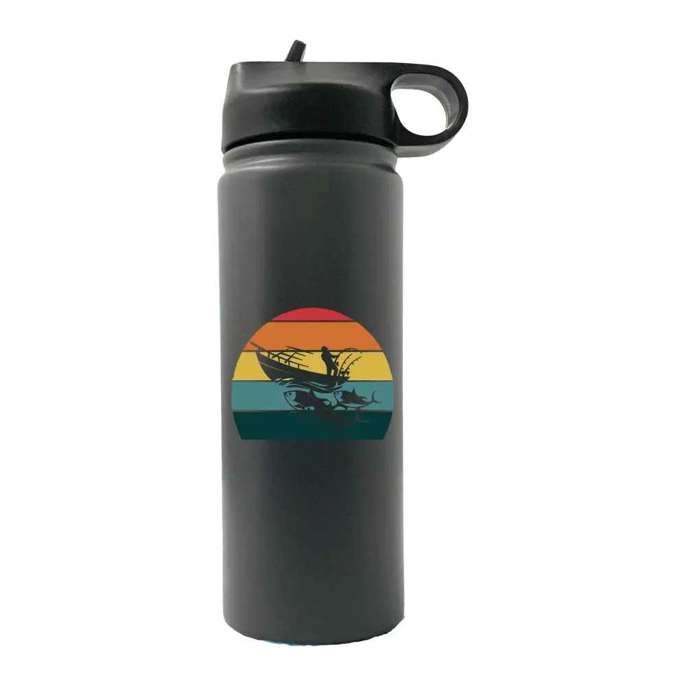 Fishing Boat 20oz Sport Bottle with a built-in handle and snap lid, featuring vibrant UV-printed designs.