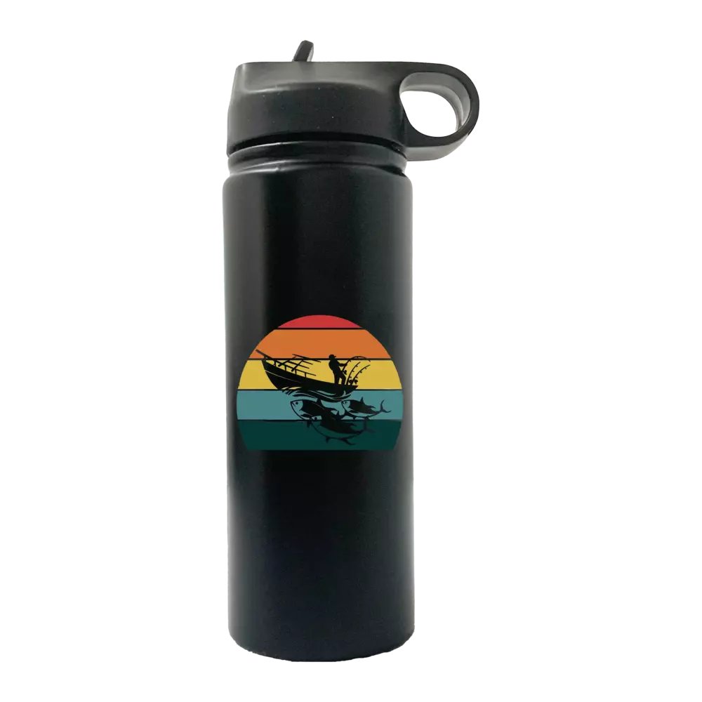 Fishing Boat 20oz Sport Bottle with a built-in handle and snap lid, featuring vibrant UV-printed designs.