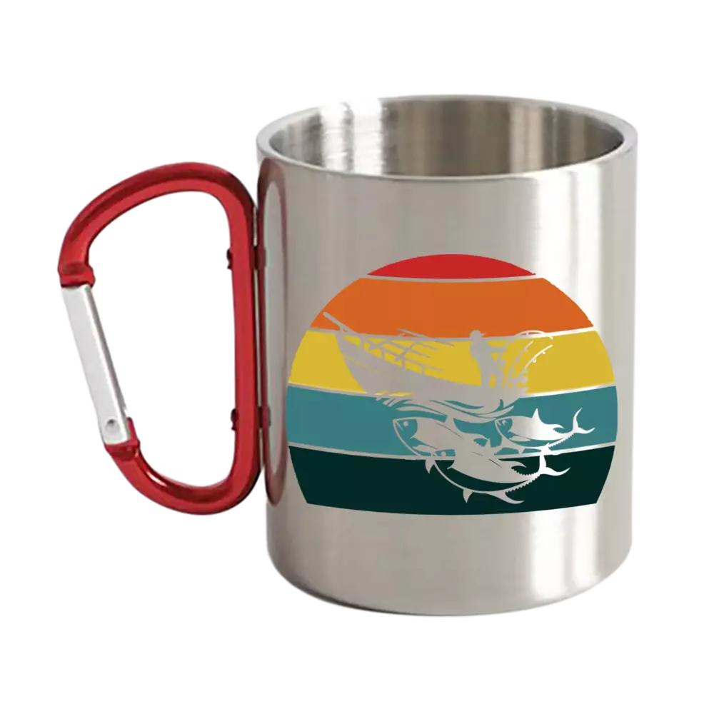 Fishing Boat Carabiner Mug 12oz featuring a vibrant UV printed design, sturdy ceramic body, and stainless steel double wall for insulation.