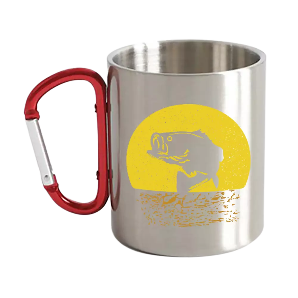 Fishing Carabiner Mug 12oz featuring UV printed designs and stainless steel double wall for durability.