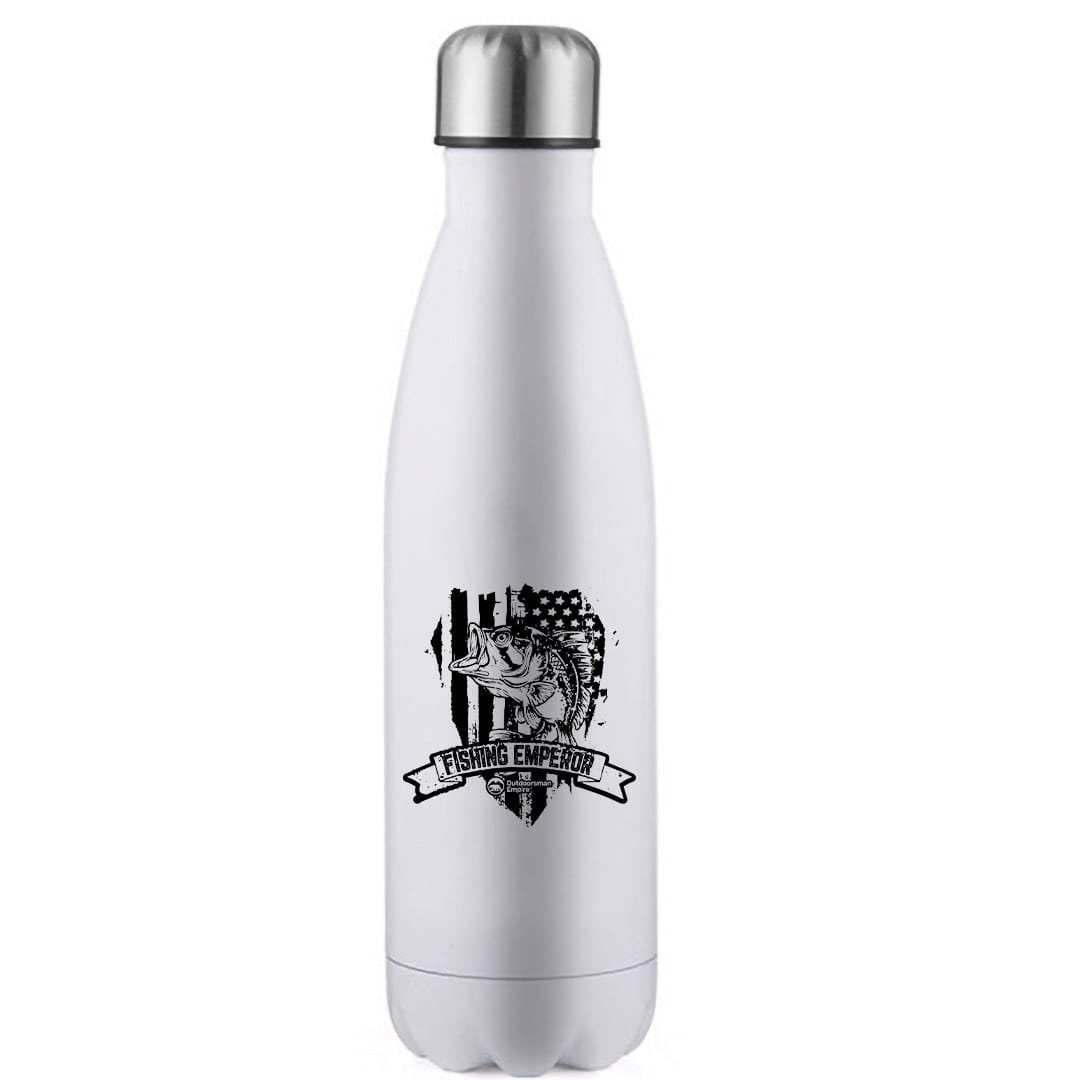 Fishing Emperor v3 17oz Stainless Water Bottle with double-walled insulation and UV printed design, perfect for outdoor activities.