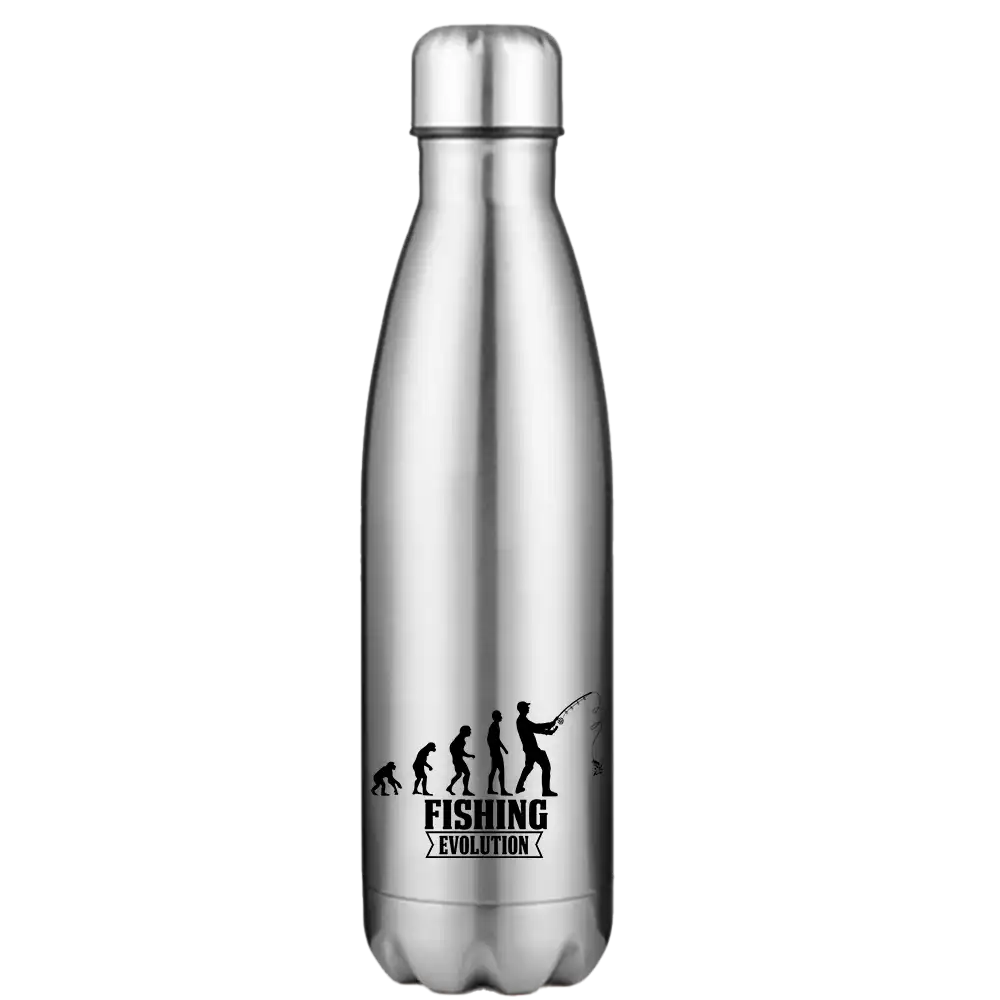 Fishing Evolution 17oz Stainless Steel Water Bottle with double-walled insulation and leakproof cap, featuring vibrant UV printed designs.