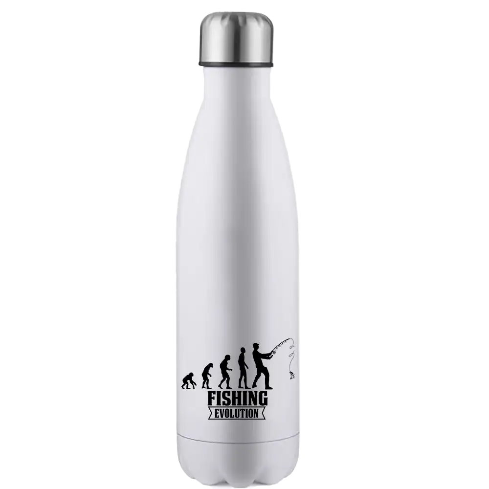 Fishing Evolution 17oz Stainless Steel Water Bottle with double-walled insulation and leakproof cap, featuring vibrant UV printed designs.