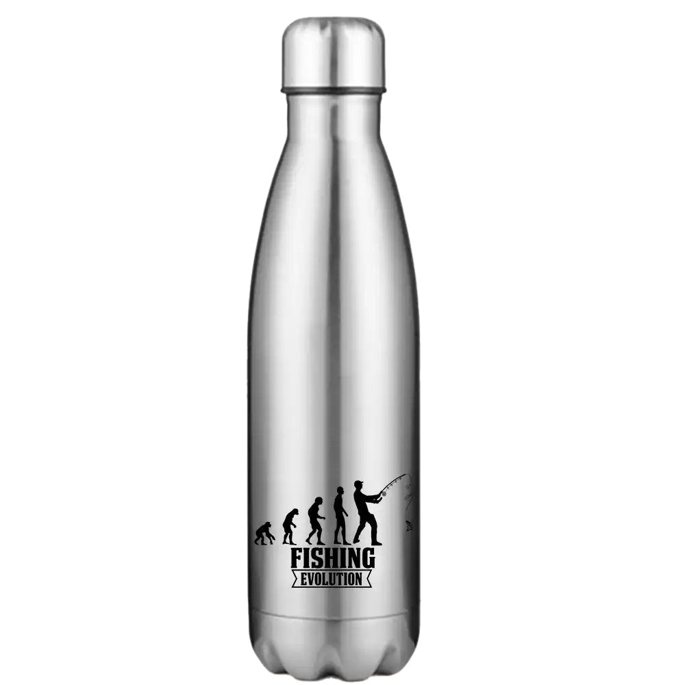 Fishing Evolution 17oz Stainless Steel Water Bottle with double-walled insulation and leakproof cap, featuring vibrant UV printed designs.