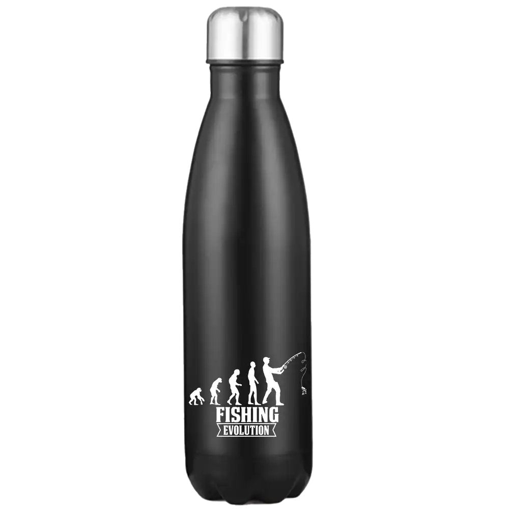 Fishing Evolution 17oz Stainless Steel Water Bottle with double-walled insulation and leakproof cap, featuring vibrant UV printed designs.