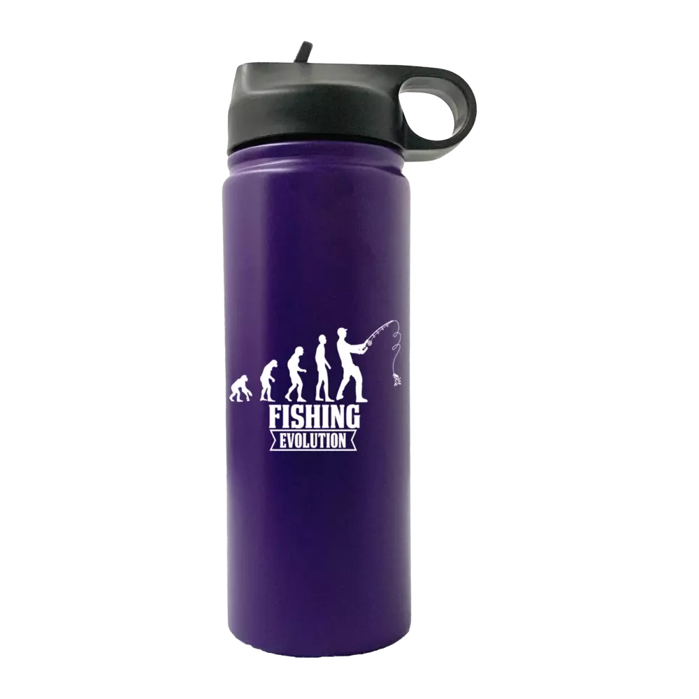 Fishing Evolution 20oz Sport Bottle with built-in handle and snap lid, featuring vibrant UV-printed designs.