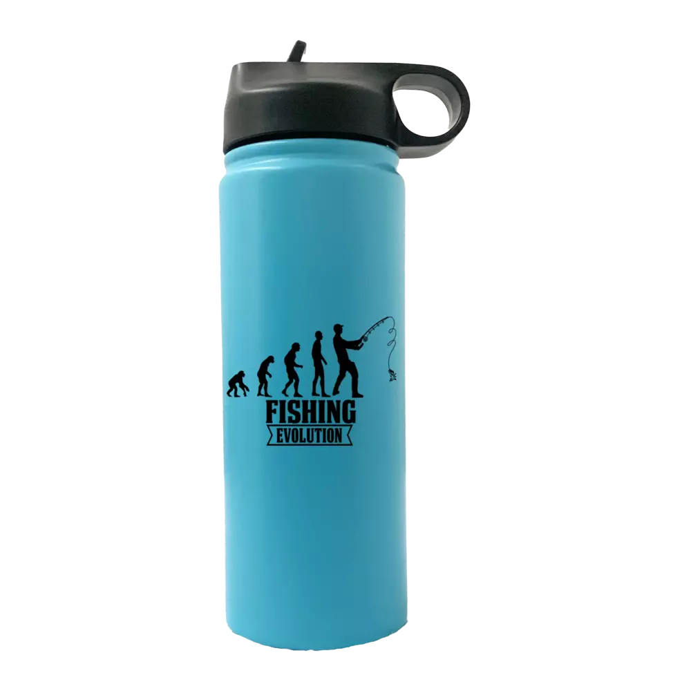 Fishing Evolution 20oz Sport Bottle with built-in handle and snap lid, featuring vibrant UV-printed designs.