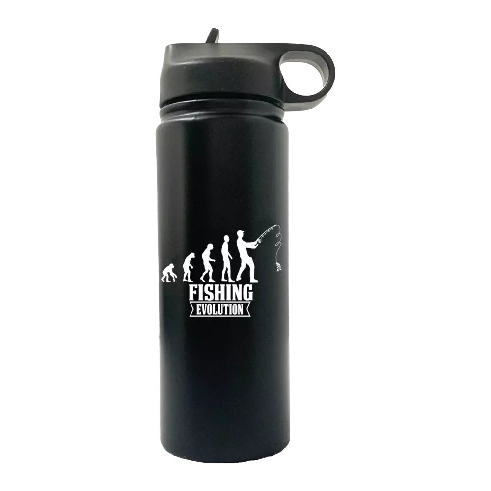 Fishing Evolution 20oz Sport Bottle with built-in handle and snap lid, featuring vibrant UV-printed designs.