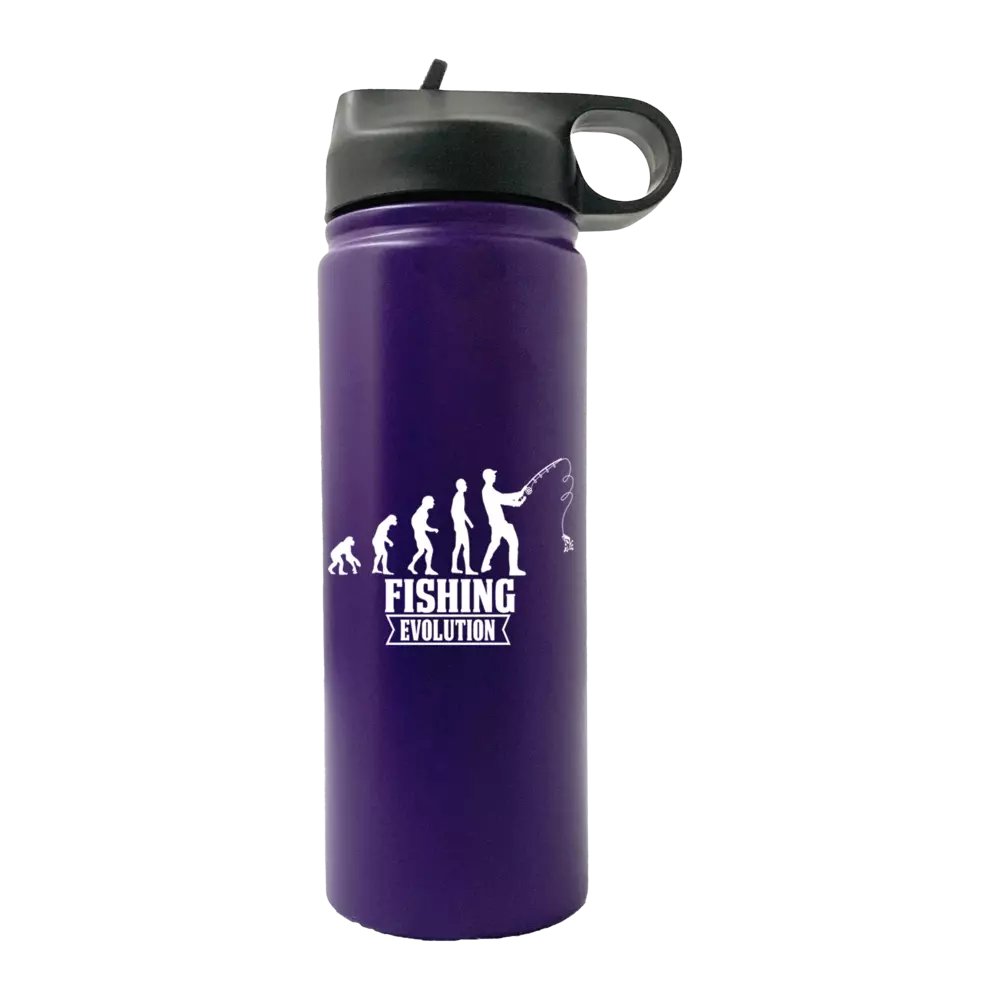 Fishing Evolution 20oz Sport Bottle with built-in handle and snap lid, featuring vibrant UV-printed designs.