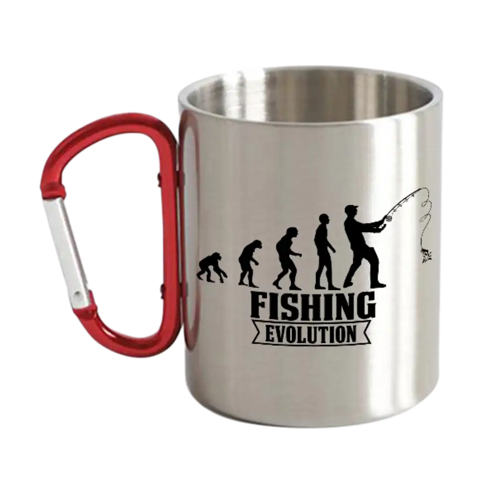 Fishing Evolution Carabiner Mug 12oz with UV printed design, showcasing its durable stainless steel and ceramic construction.